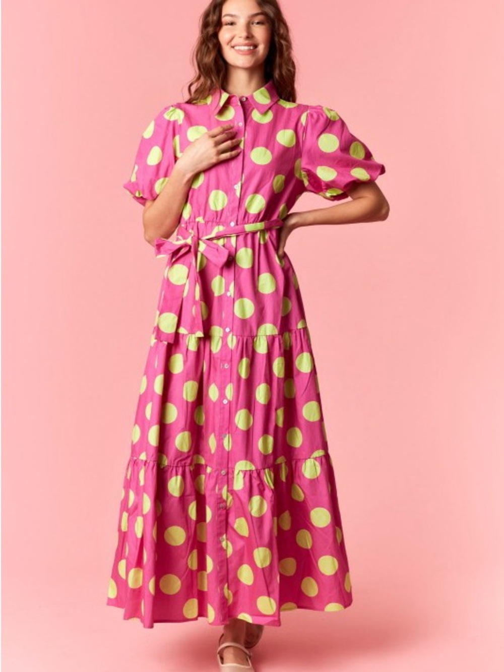 NWT PINK POLKA DOT COTTON POPLIN PRINTED PUFF SLEEVE MAXI DRESS POCKETS - Picture 3 of 9